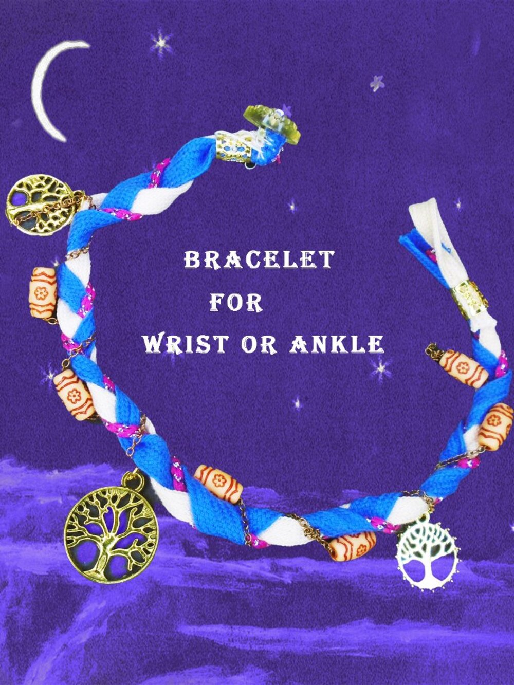Fabric Bracelet Ankle / Wrist, Tree Of Life Charms Shabby Primitive OOAK
